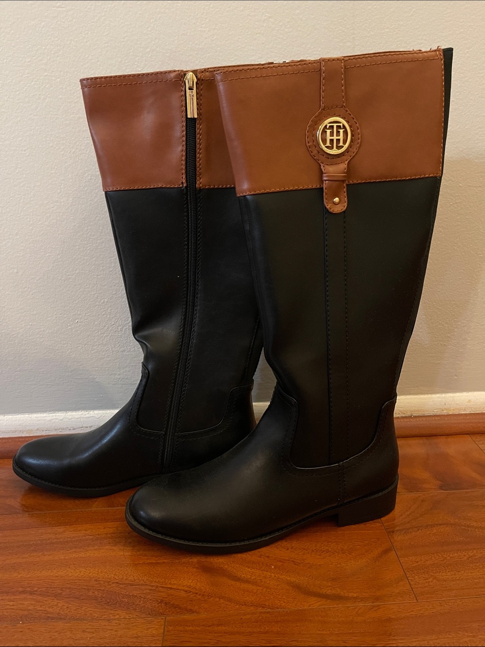 Tommy Hilfiger Two-Tone Leather Tall Riding Boots - Black and Brown